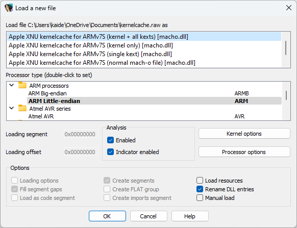 IDA Pro settings for kernelcache